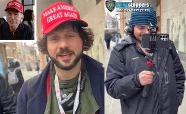 MAGA Hat social media troll Michael James (left) and Michael Santiago. Larry David inset, Jan. 2021.