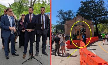 Left: BP Mark Levine, CB1 Chair Tammy Meltzer, Council Members Keith Powers and Christopher Marte; Right: ticket vendors “guarding” the entrance to Battery Park and Castle Clinton at the Bowling Green subway stop.