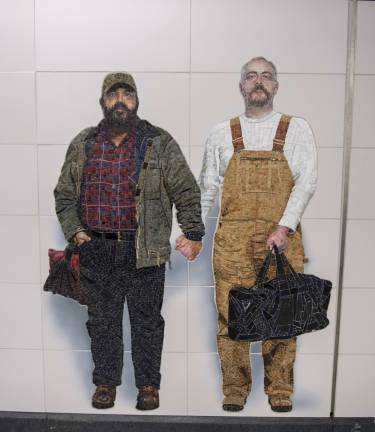 A life-size mosaic portrait of Thor Stockman, left, and his husband, Patrick Kellogg, form part of artist Vik Muniz’s series “Perfect Strangers” at the new 72nd Street subway station. Photo: MTA