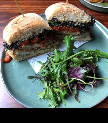 <i><b>I literally could not stop eating this Panini Milanese! The perfect combination of flavors of chewy bread, flaky fluke filets, tartar sauce, pickled red peppers, and mustard greens makes it eminently, intimately devourable.</b></i>