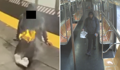 Left: Unidentified subway fire victim, later reported to be Bronx man James George III. Right: Suspect Hiram Carrero.