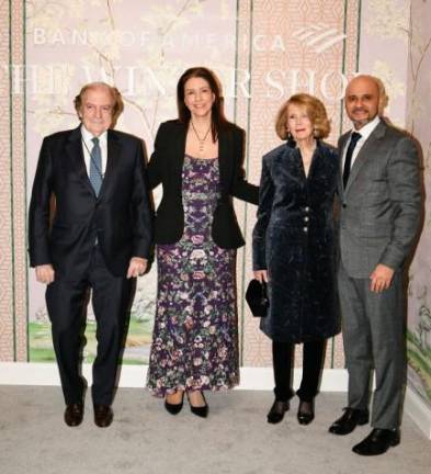 The 72nd edition of the Winter Show at the Park Ave. Armory raises money for East Side House Settlement. The shows executive director Helen Allen (second from left) welcomes past attendees Michael Lynch, Lucinda Ballard, and Daniel Diaz.