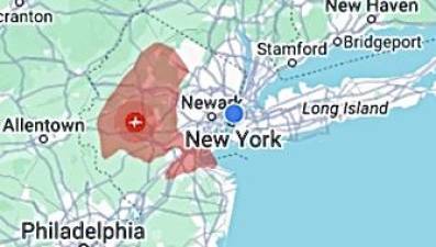 An earthquake with a 4.8 magnitude that struck an epicenter in New Jersey, one mile from Tewksbury, NJ on April 5 at 10:23 a.m.also sent shock waves to Manhattan and up and down the East Coast. Outlined in red is the earthquake at its most intense point stretching along New Jersey. Photo Credit: earthquake.usgs.gov.