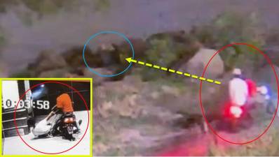 Armed robbers on a motorbike target man and his girlfriend in Fort Washington Park, July 19, 2025.. Inset: motorbike driver drops his wounded accomplice off at hospital in the Bronx.