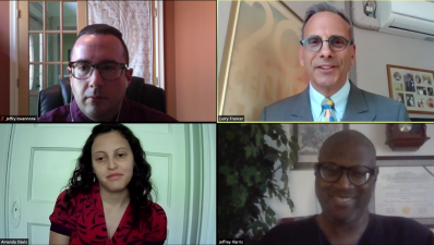 “The goal of the project is to broaden people’s knowledge of the city’s LGBT history.” Clockwise rom lower left: Amanda Davis, Jeffry Iovannone, moderator Larry Francer and Jeffrey “Free” Harris.