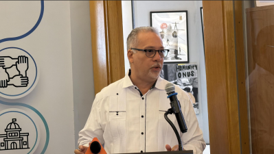 Dr. Aldrin Bonilla, executive vice president at the Fund for the City of New York, details the early findings of the “True Cost of Living” report during a press conference at the FCNY’s offices in Lower Manhattan.