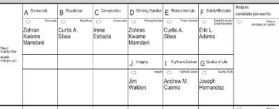 Any voters who are still wavering when it comes time to cast their ballot, will have to hunt to find independent candidate Andrew Cuomo. He’s polling as the number two, but because he’s an independent on the Fight and Deliver line, he’s the eighth candidate in the line-up. Two candidates who said they dropped out, Jim Walden and Eric Adams are ahead of him in the lineup.