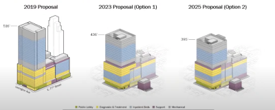 Northwell’s overhaul plan for Lenox Hill Hospital has progressed from a super-tall 536-foot-tall tower to two final proposals (pictured center and far right): a 436-foot-tall tower or a 395-foot-tall tower.