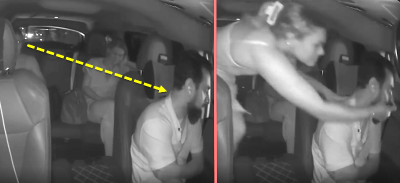 Jennifer Guilbeault moments before, and during, her attack on Shohel Mahmud. Markup by <i>Straus News</i>.