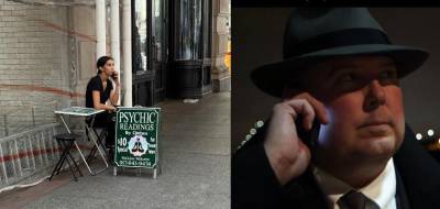 Pamela Ufie (left) on the phone at her Bryant Park psychic stand. Bob Nygaard (right), a retired Nassau County cop, is a self-styled “psychic fraud” investigator.