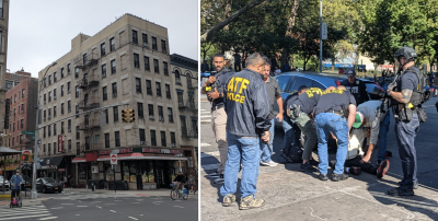Left: Southeast corner of East Broadway and Clinton Streets; Right: ATF takedown at Canal and Forsyth streets, September 15, 2025.