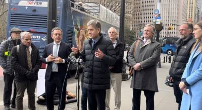 State Senator Brad Hoylman-Sigal (at mic) and Assemblyman Tony Simone (pictured to his left) speak at a press conference March 3 about moving Madison Square Garden and ending the tax abatement which allows the Garden to avoid paying $41 million a year in property taxes. Photo: Kay Bontempo.