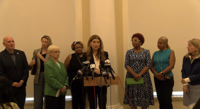 City Council Speaker Julie Menin (center), who represents an UES district, stands with council members including Harvey Epstein (far left), Virginia Maloney (second from left) and Queens Council Member Lynn Schulman (third from left) to discuss the city’s response to a Legionnaires’ outbreak.