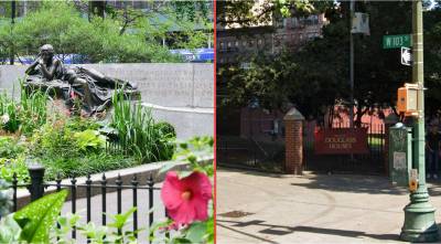 Left: Straus Park in placid times. Right: Douglass Houses at Columbus Avenue and West 103rd Street.