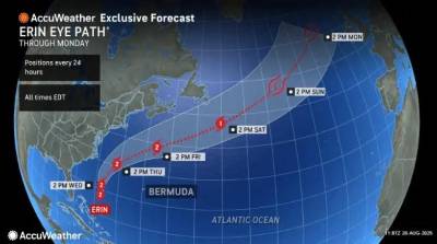 The dashed red line represents AccuWeather meteorologists’ forecast path for the eye of the hurricane. The gray shaded areas on either side of the forecast path represent alternative paths the hurricane could take based on changing steering conditions. Tropical storm and hurricane conditions will extend well beyond the track of the eye.