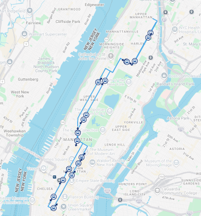 The M7 bus route currently has 55 stops that run from West 14th St. in Chelsea up to West 147th Street in Harlem.