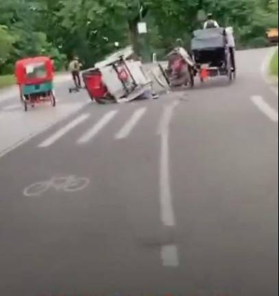 The runaway carriage appeared to hit the wheel of another carriage, forcing it to overturn.