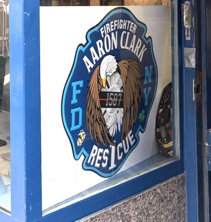Aaron Clark memorial patch design at Rescue 1 on West 43rd Street.