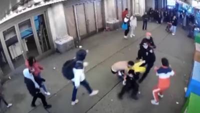 Caught-on-camera footage of migrant suspects accused of assaulting two NYPD officers in Times Square on Jan 27. Police said up to 14 migrants were involved and some are still at large. Photo Credit: NYPD Crime Stoppers.