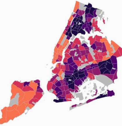 The Heat Vulnerability Index (HVI) measures the locations of heat risk of dying. Low-risk (orange) to highest risk (dark purple). Photo: <a rel=nofollow noopener noreferrer href=https://a816-dohbesp.nyc.gov/IndicatorPublic/beta/key-topics/climatehealth/hvi/ target=_blank>Environment and Health Data Portal Website</a>.