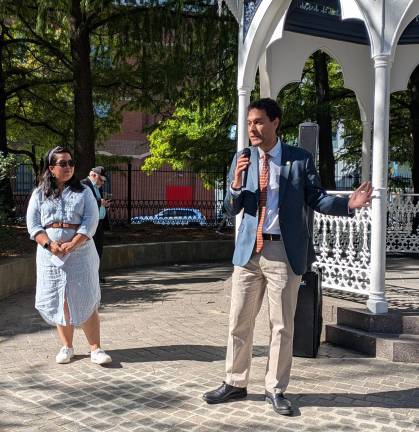 Manhattan Borough Parks Commissioner Tricia Shimamura, left, and City Council Member Christopher Marte at the gazebo.