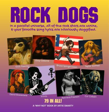 “My Magnus Opus,” says the author. The book presents famous musicians as dogs and parodies their well-known songs from a canine point of view. “I really tried hard to keep the humor elevated.”  
