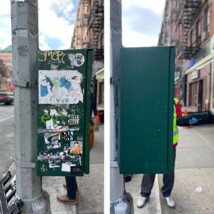 Before and after photos of a Hell’s Kitchen traffic control box. Photo courtesy of Erik Bottcher’s office