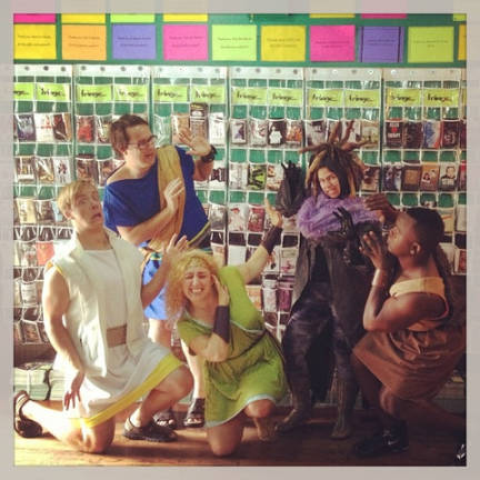 Cast members from a FringeJR show for kids pose at the Fringe headquarters.