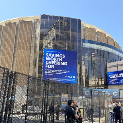 NYPD officers guarding the main gate into the arena prior to the start of Game 3 of the NBA finals at Madison Square Garden.