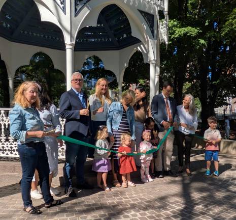 The ribbon cutting at the gazebo. Note the golden scissors! Congressman Dan Goldman arrived just after this photo was taken.