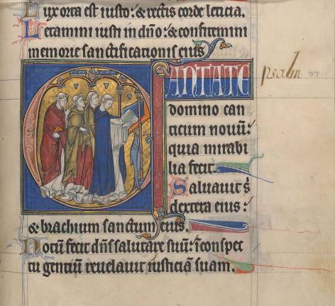 “Chanting Clerics,” from the 13th-century English Windmill Psalter, on view in “Sing a New Song: The Psalms in Medieval Art and Life” at The Morgan Library &amp; Museum.