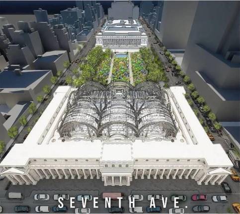 Grand Penn Community Alliance: Components of the original Penn Station are brought forward to make room for a park similar in size to Bryant Park, adding another light-filled above ground alternative in the Penn Station design debate. Photo: Alex Washburn, Grand Penn Community Alliance