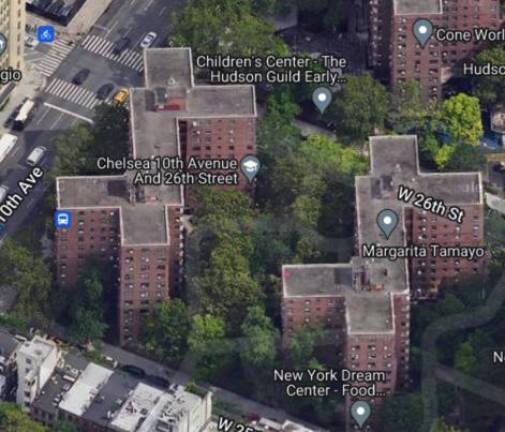Chelsea-Elliot apartments on 10th Avenue and 26th Street that the city wants to tear down and rebuild but in a $1.5 billion project that the Legal Aid Society is questioning. Photo: Google View.