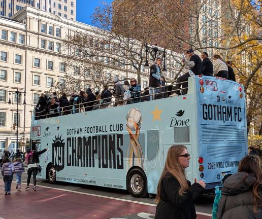 Gotham FC champions bus on Broadway.