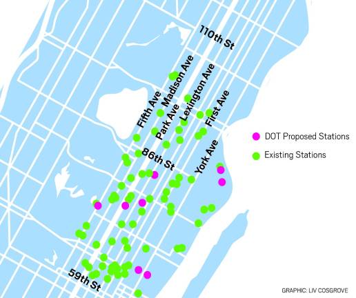A map based on data from the U.S. Dept of Energy and the NYC DOT shows the location of existing and proposed EV charging stations on the Upper East Side.