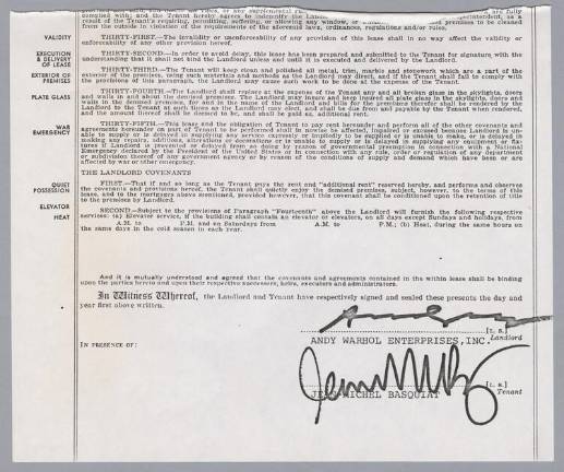Signatures on the lease between Andy Warhol Enterprises, Inc. and Jean-Michel Basquiat for 57 Great Jones St., dated Aug. 30, 1983; photocopy.