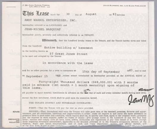 Rental lease between Andy Warhol Enterprises, Inc. and Jean-Michel Basquiat for 57 Great Jones St., dated Aug. 30, 1983; photocopy.