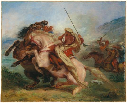 Delacroix visited Morocco in 1832 and witnessed Arab horsemen engaged in military exercises, including calvary charges. Eugène Delacroix, “Collision of Arab Horsemen,” 1833/34. Oil on canvas.  31 11/16 × 39 9/16 in. Private collection. Photography by Alex Jamison