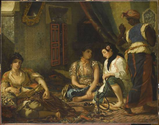 The iconic “Women of Algiers in Their Apartment” (1834) was considered by C&eacute;zanne, Matisse and Picasso to be “the touchstone of modern painting,” Louvre curator S&eacute;bastien Allard said at a preview. Eug&egrave;ne Delacroix (French, 1798–1863). “Women of Algiers in Their Apartment,” 1834. Oil on canvas. 70 7/8 &times; 90 3/16 in. Mus&eacute;e du Louvre, Paris &Copy;RMN-Grand Palais / Art Resource, NY. Photo: Franck Raux
