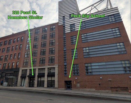 320 Pearl St. homeless shelter and Peck Slip School, Feb. 15, 2026.