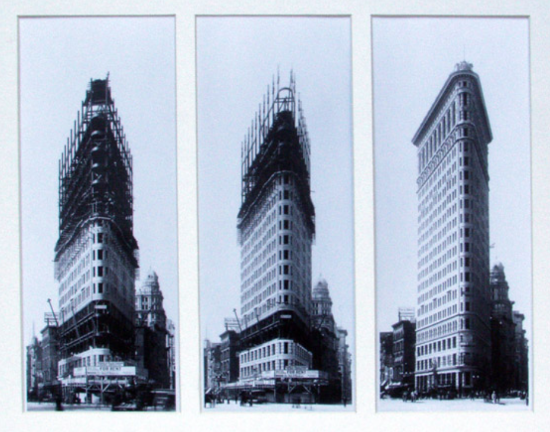 The Flatiron Building’s original construction, with the visible steel frame structure which stabilized the building’s triangular shape.