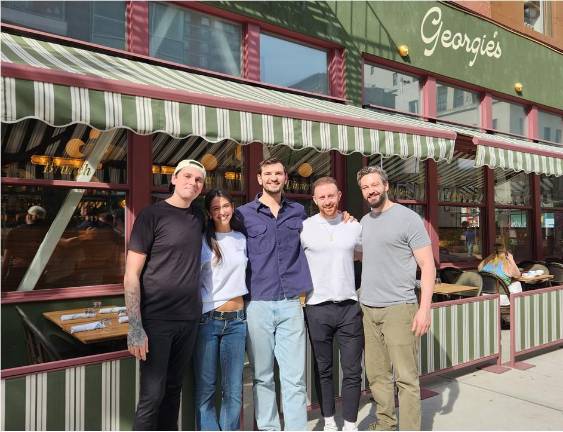 The team behind the new Chelsea hot spot Georgie’s (from left) chef Alessandro Urbisci, Sophia Christodoulelis, Christian Giles, Darragh Coates, and bar Manager Aurèle Berdoz