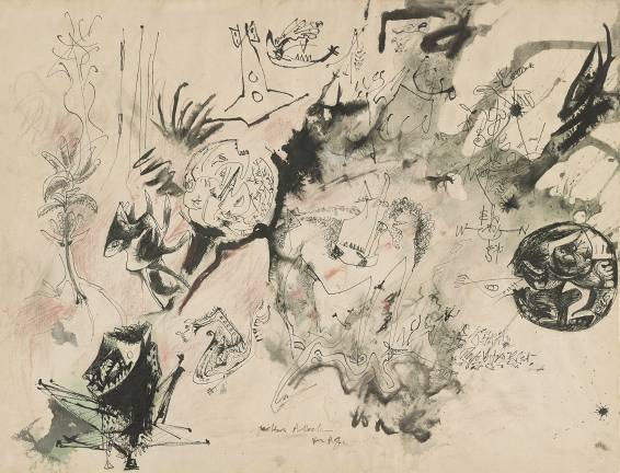Jackson Pollock (1912–1956), "Untitled [Drawing for P.G.]," ca. 1943, pen and black ink and wash, green ink wash, red colored pencil, and orange watercolor pencil © 2017 The Pollock- Krasner Foundation / Artists Rights Society (ARS), New York
