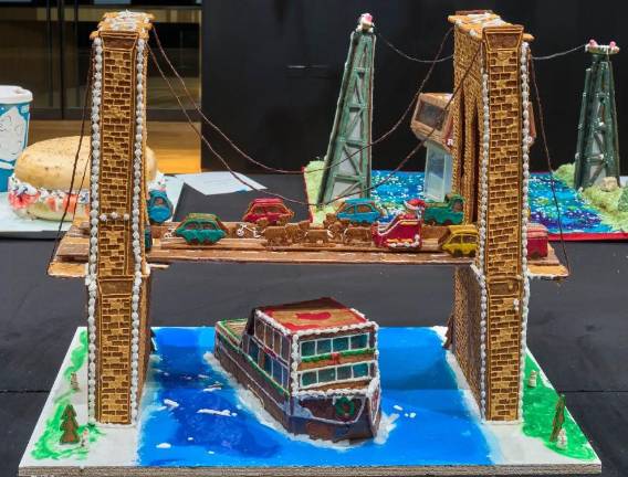 Kailee Moore, head baker at the department store Printemps New York, sculpted the Brooklyn Bridge in gingerbread, with Santa and reindeer navigating the crossing.