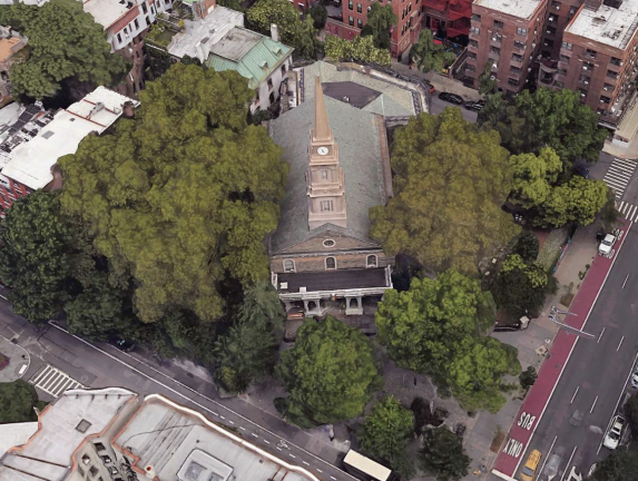 Aerial view of St. Mark’s Church in-the-Bowery and its surrounding churchyard in the East Village.