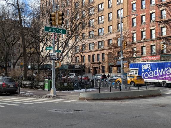 Straus Park, West 107th Street at Broadway (foreground) and West End Avenue.