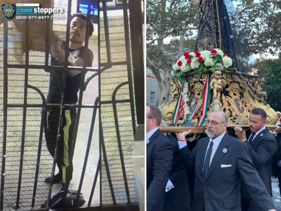Left: Confessed murderer David Mazariegos in a Brooklyn subway station;.Right: His victim, Italian-American Nicola Tanzi (center, wearing glasses), is statue bearer at an Italian religious celebration and was well known in the local community.