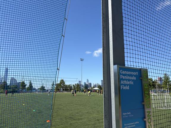 Ayouth soccer league game in progress is underway on the Gansevoort Peninsula Athletic Field in Hudson River Park on Aug. 25. Earlier that morning, a machete-wielding man appeared, telling the coach he was there to protect the park nd players.