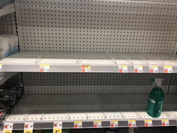 These empty shelves in an Upper West Side Duane Reade held wipes and other disinfectants.