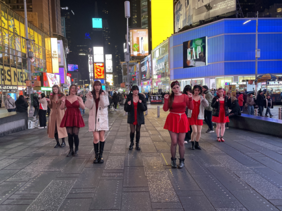 Dancing members from Evermore are performing Love Bomb in Times Square on Feb. 21, 2023. Photo: Leying Tang.